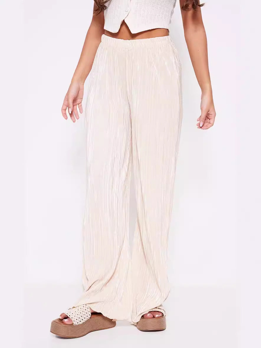 Summer Women Wide Leg Pants High Grade Luxury Pleated Satin Flash Casual Pants Bella Mia